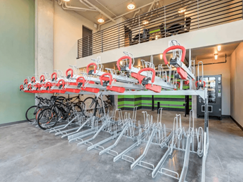a row of bikes parked in front of a long row of chairs